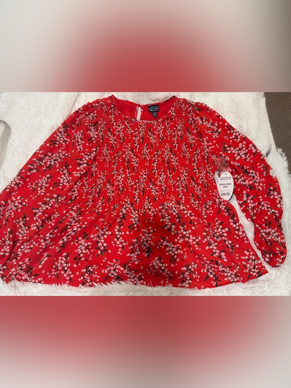 NWT-Scoop Red Floral Smocked Peplum Blouse